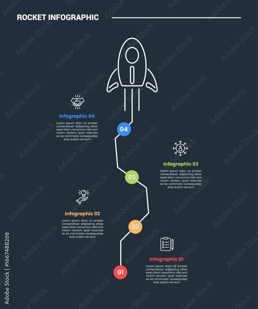 Poster rocket launch concept infographic process diagram with vertical journey roadmap style with dark back