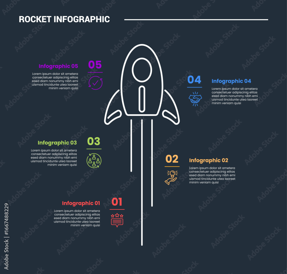 Poster rocket launch concept infographic process diagram with standing rocket with point stacked opposite d