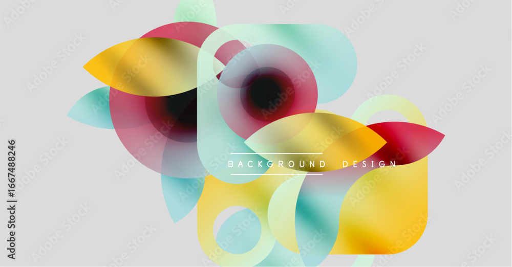Poster abstract colorful shapes overlap, creating dynamic visual effect. soft gradients blend, forming mode