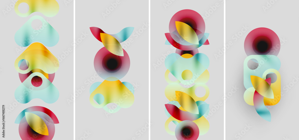 Poster abstract composition. four panels display overlapping colorful circles, creating dynamic visual rhyt