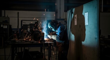 Skilled welder creating sparks with precision in a dimly lit industrial workshop setting