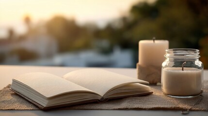 Fototapeta premium Open book and candles sit on a surface, with a blurry outdoor background