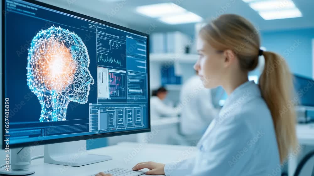 Aufkleber female scientist analyzing brain scan data with artificial intelligence modern laboratory research