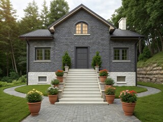 Small modern stone guest house in backyard on green hill, grey stone bricks staircases leading through neatly arranged with colorful flowers and herbs plants, cozy natural retreat