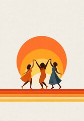 Three people dancing in the style of pop art collage, with rainbow stripes and a white background