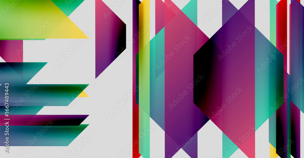 Poster abstract geometric composition. vivid colors intersect, creating dynamic visual effect. shapes overl