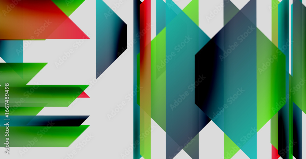 Poster abstract geometric shapes overlap, creating vibrant color gradients. composition features sharp angl