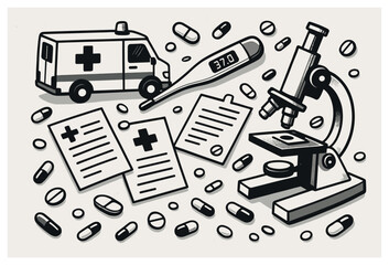 Fototapeta premium Healthcare essentials vector: medical equipment and documents for basic health awareness