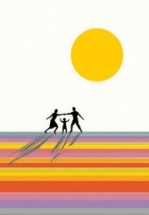 Three people dancing in the style of pop art collage, with rainbow stripes and a white background