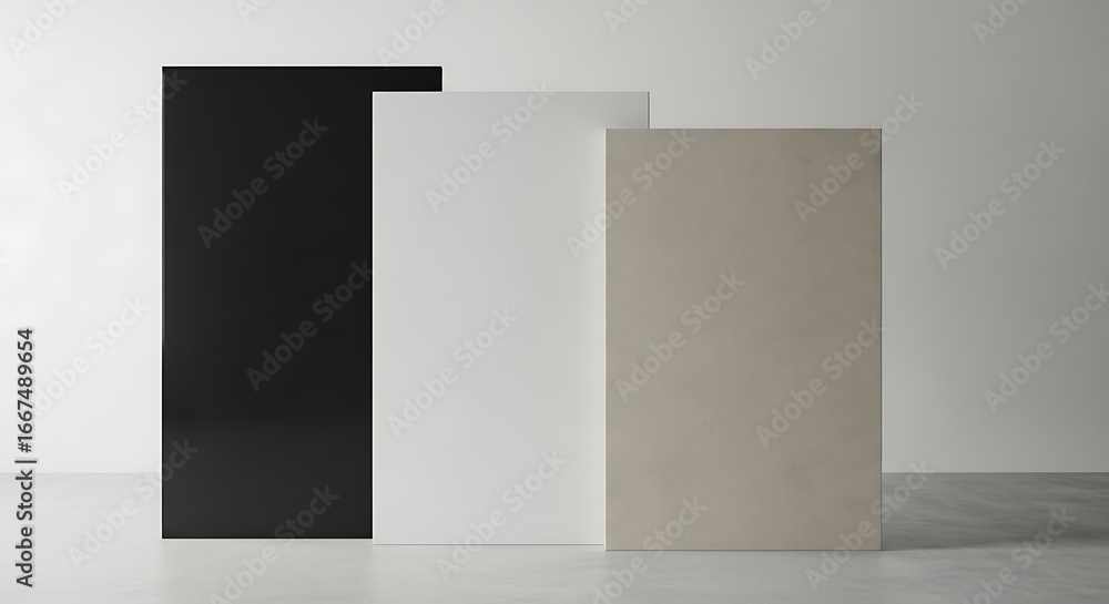 Poster minimalist composition - three rectangular forms in stark contrast and soft light.