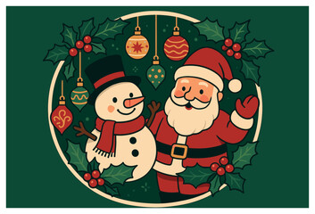 Festive snowman and santa vector: christmas holiday cheer in simple, delightful design