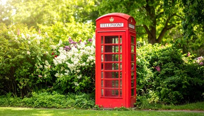 Fototapeta premium Red phone booth with lush garden, and UK.