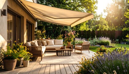 Luxury patio setup with retractable awning and manicured garden scenery