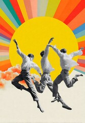 Three people dancing in the style of pop art collage, with rainbow stripes and a white background