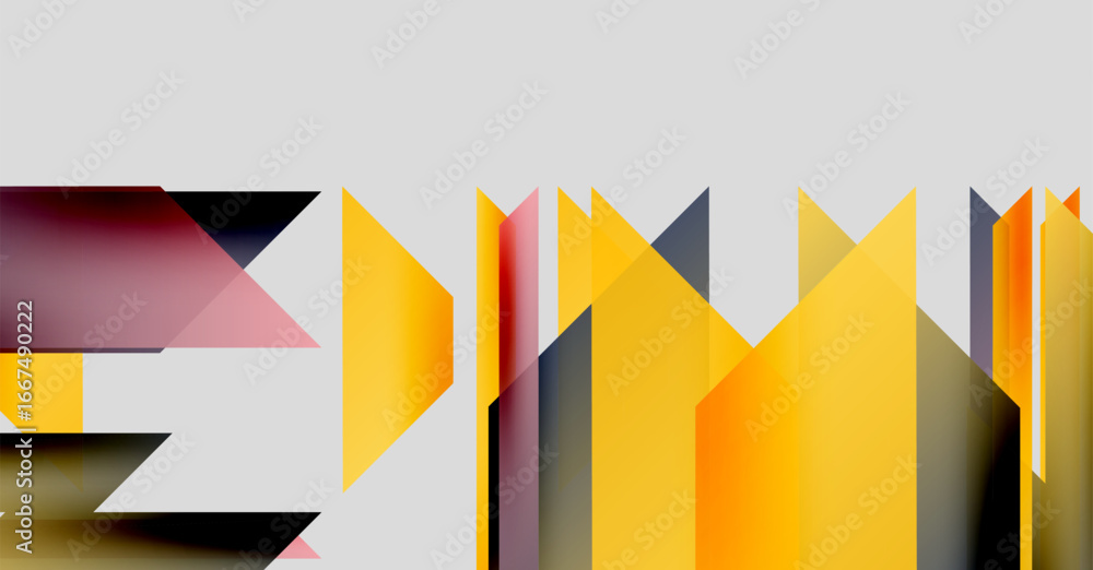 Poster abstract geometric shapes overlap, creating vibrant color blocks. composition features sharp angles,