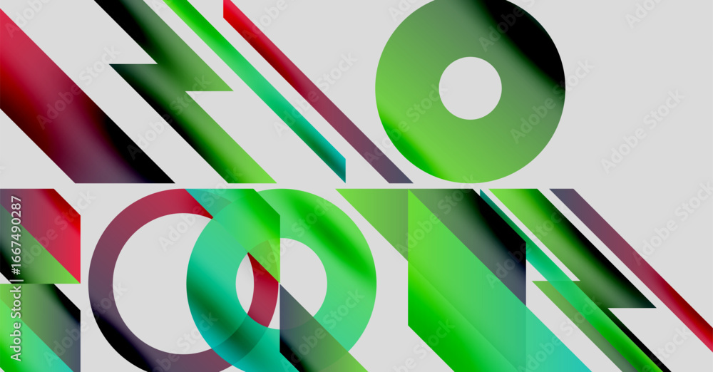 Poster abstract geometric composition. vivid gradients, overlapping shapes create dynamic visual effect. mo