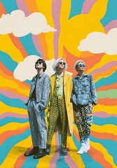 Three people dancing in the style of pop art collage, with rainbow stripes and a white background