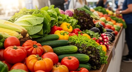 Fresh Market Display of Colorful Vegetables, Tomatoes, Peppers, and Cucumbers