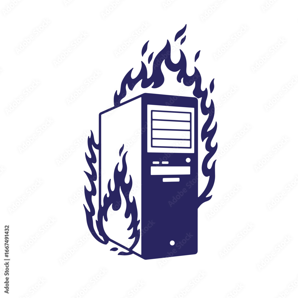 Poster server overload illustrated with a burning computer server and flames on a white background