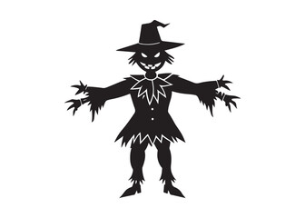 Standing Scarecrow Silhouette Black Vector, Farm and Halloween Theme Illustration.