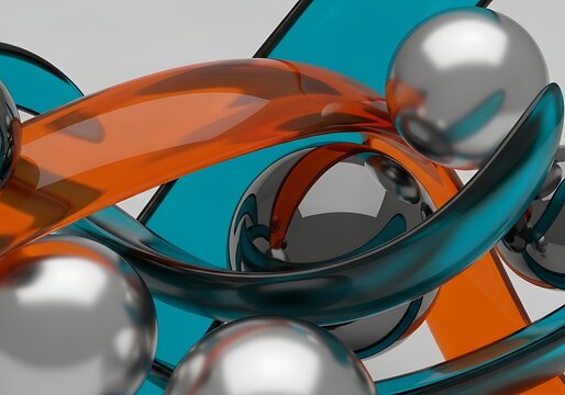 Abstract swirling fluid forms with metallic spheres and translucent ribbons