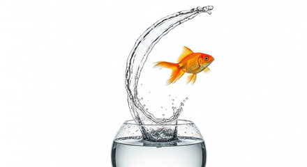 Stunning goldfish leaps gracefully from bowl with splash on pure white backdrop in dynamic aquatic scene