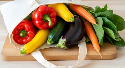 Fresh Vegetables Overflowing from a Reusable Shopping Bag on Wooden Board