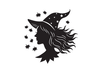 Beautiful Witch Face Silhouette in Side Profile Vector Illustration.