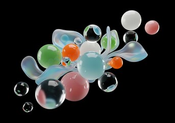 Abstract arrangement of translucent and opaque colorful glass spheres and shapes on black background