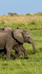 Baby Elephants Walking Savanna Grassland