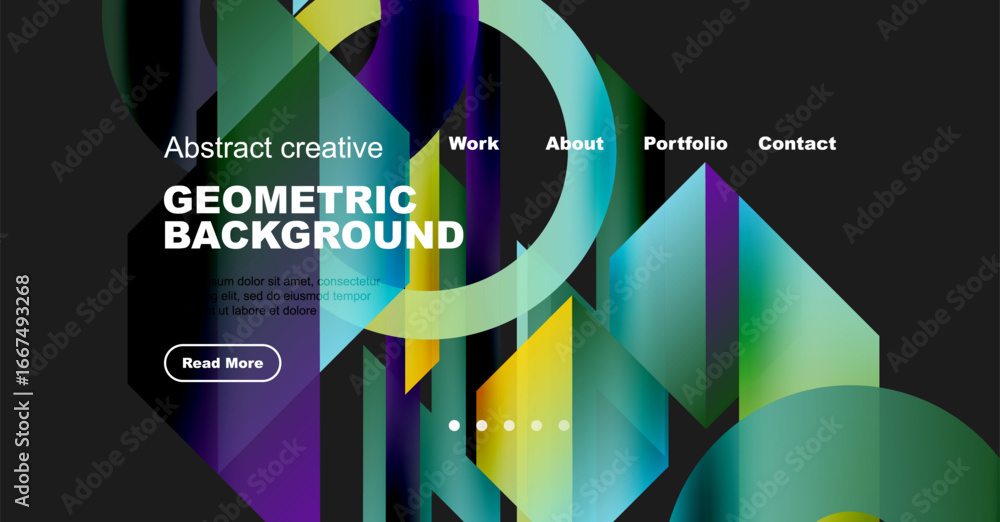 Poster Vibrant geometric shapes overlap, creating colorful background. Website header includes navigation options, text, button.