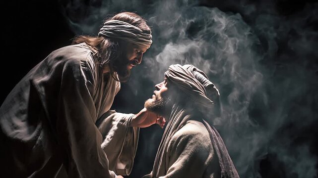 Religious concept of Jesus Christ supporting blind man surrounded by smoke dark background