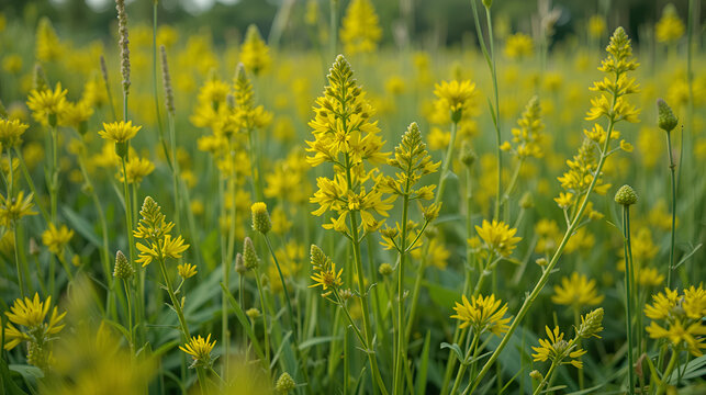 Galium verum yellow flowers in the meadow on summer. Close-up of yellow bedstraw