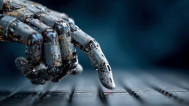 Close-up 3D animation of robot finger pressing laptop keyboard button digital concept