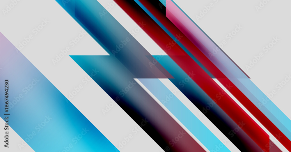 Poster abstract geometric design. diagonal lines intersect, creating vibrant red, blue, cyan gradients. min