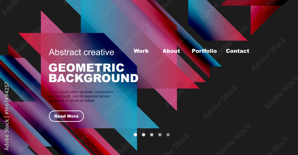 Poster dynamic geometric background features vibrant colors, text overlays, navigation menu. modern design 