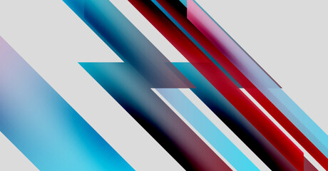 Abstract geometric design. Diagonal lines intersect, creating vibrant red, blue, cyan gradients. Minimalist composition, modern aesthetic.