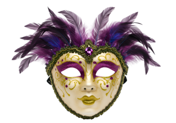 Venetian Mask: Purple Feather Masquerade Costume Accessory Isolated on Transparent Background