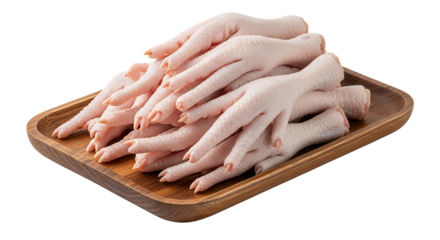 Raw chicken feet on terracotta plate, white background isolated