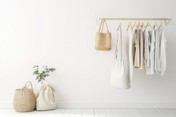 White background+with clothes rack+hanging clothes and bags+free space+premium image