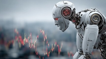 AI robot with glowing digital interface studying stock market graphs and investment reports in futuristic finance background - Powered by Adobe
