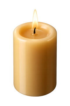 Lit yellow pillar candle with flame isolated on white background / Vela cil&iacute;ndrica amarela acesa com chama isolada em fundo branco