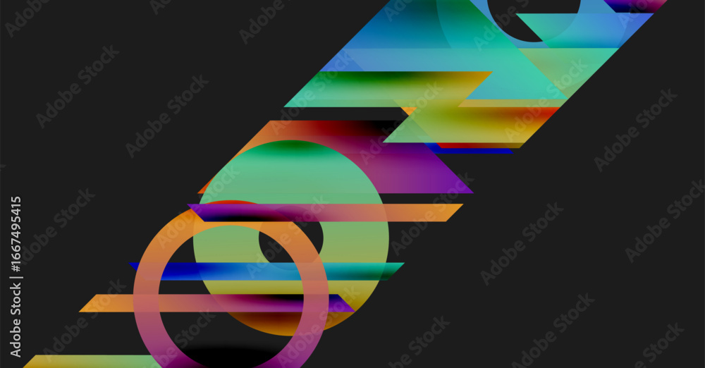 Poster abstract colorful shapes overlap, creating dynamic composition. vivid hues blend, forming intriguing
