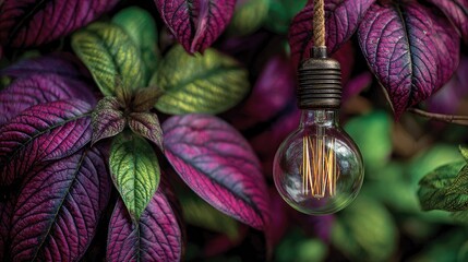 Edison bulb hangs amidst vibrant foliage