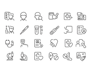 Set of outline icons related to health checkup. Linear icon collection