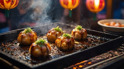 Takoyaki zoom steaming hot Japanese street food, traditional festival Japan background with lanterns, delicious octopus ball snack close up, authentic Osaka food culture, grilled takoyaki with bonito 