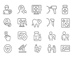 Fototapeta premium Set of outline icons related to health checkup. Linear icon collection