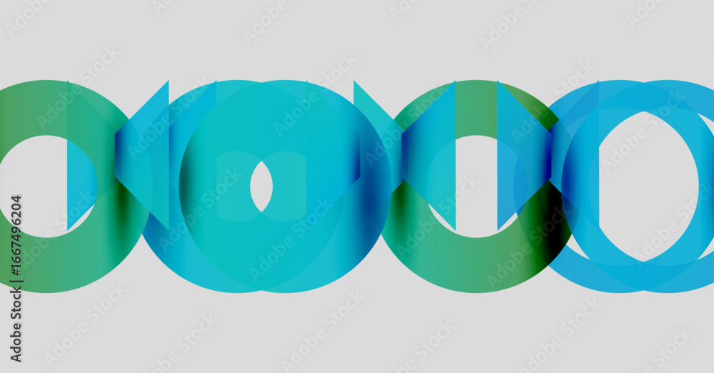 Poster abstract design features overlapping circular shapes. colors transition from teal to green, creating