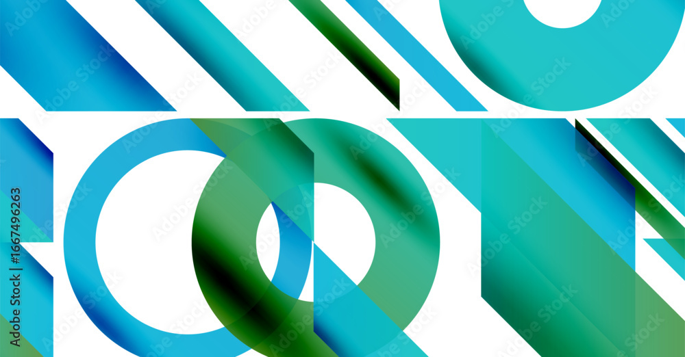 Poster abstract composition featuring overlapping circles, rectangles. shades range from teal to vibrant bl