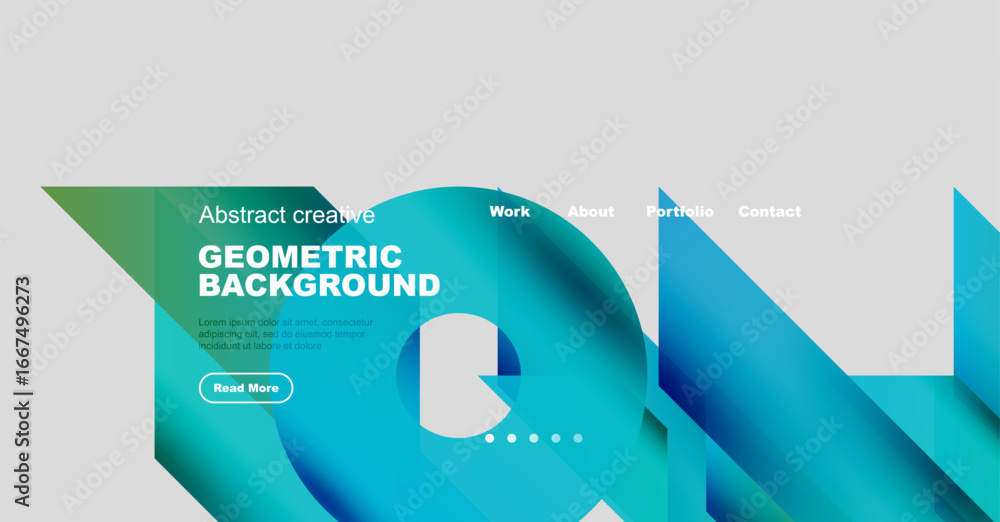 Poster modern website mockup displays geometric design. blue gradient shapes overlap white space. text high